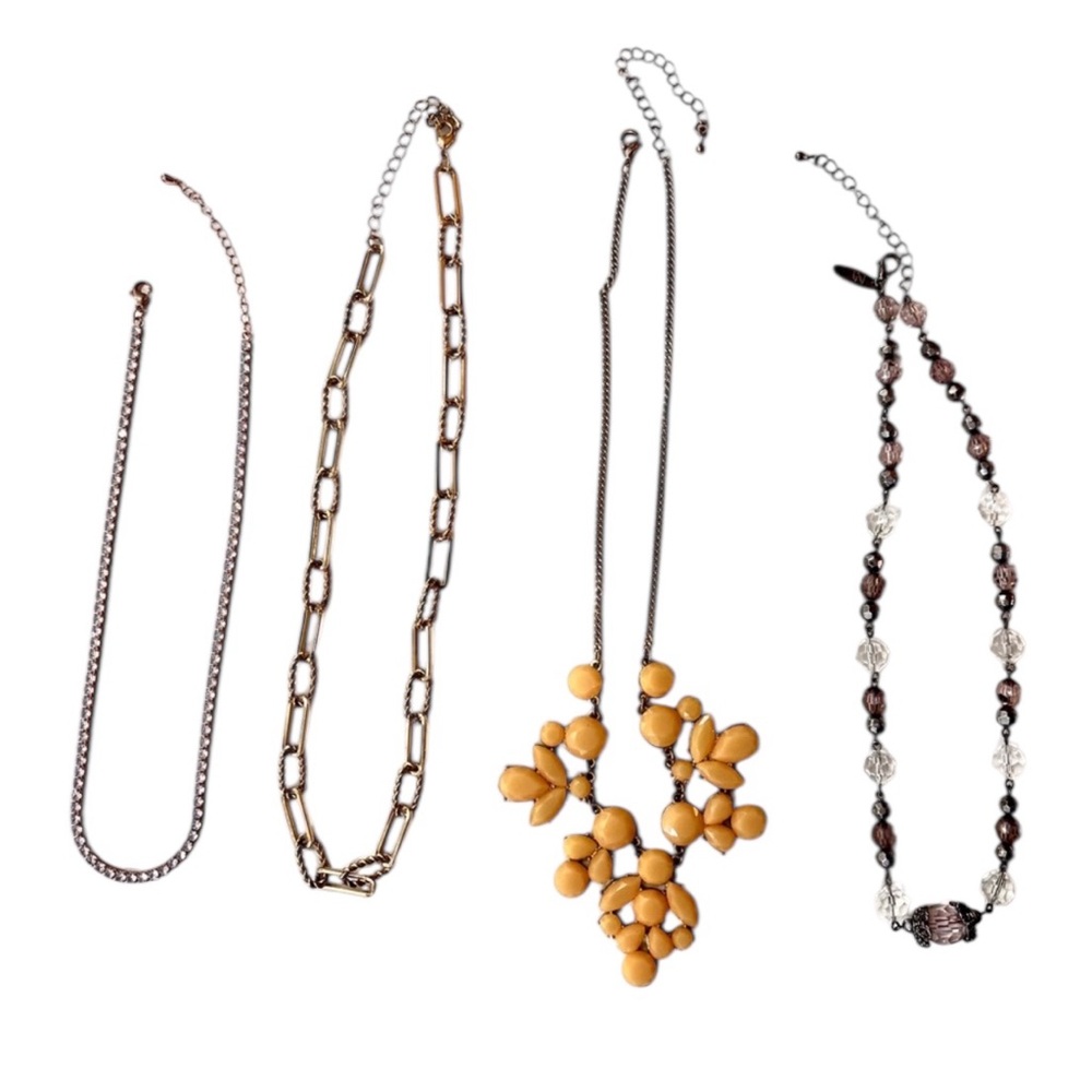Lot of 4 Costume Jewelry Fashion Necklaces Gold Silver Rhinestone Tan Grey